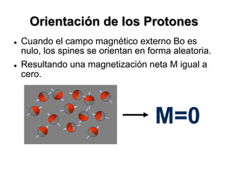  Cuando el campo magnético externo Bo es
nulo, los spines se orientan en forma aleatoria.
 Resultando una magnetización neta M igual a
cero.
Orientación de los Protones
M=0
 