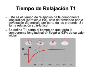 Tiempo de Relajación T1
 Este es el tiempo de relajación de la componente
longitudinal (paralela a Bo), esta determinado por la
devolución de energía por parte de los protones. Se
llama relajación spin-lattice.
 Se define T1 como el tiempo en que tarda la
componente longitudinal en llegar al 63% de su valor
inicial.
63%
MZ
T1 ms3×T1 5×T1
t
2×T1 4×T1
M0
 