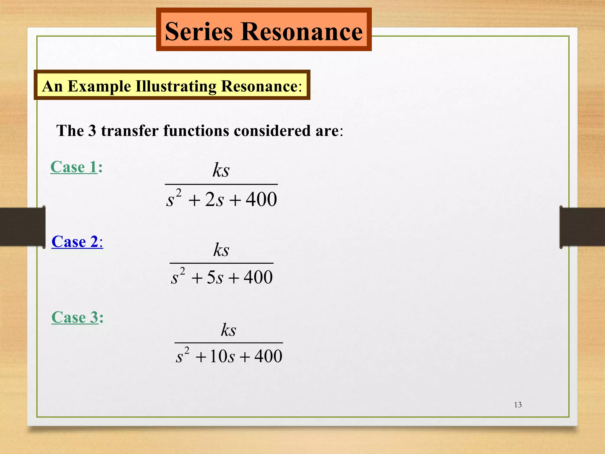 13
Series Resonance
An Example Illustrating Resonance:
The 3 transfer functions considered are:
Case 1:
Case 2:
Case 3:
2
2 400
ks
s s+ +
2
5 400
ks
s s+ +
2
10 400
ks
s s+ +
 