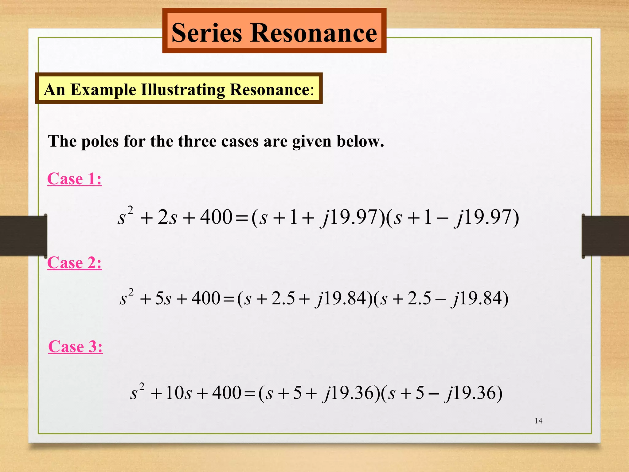 14
Series Resonance
An Example Illustrating Resonance:
The poles for the three cases are given below.
Case 1:
Case 2:
Case 3:
2
2 400 ( 1 19.97)( 1 19.97)s s s j s j+ + = + + + −
2
5 400 ( 2.5 19.84)( 2.5 19.84)s s s j s j+ + = + + + −
2
10 400 ( 5 19.36)( 5 19.36)s s s j s j+ + = + + + −
 