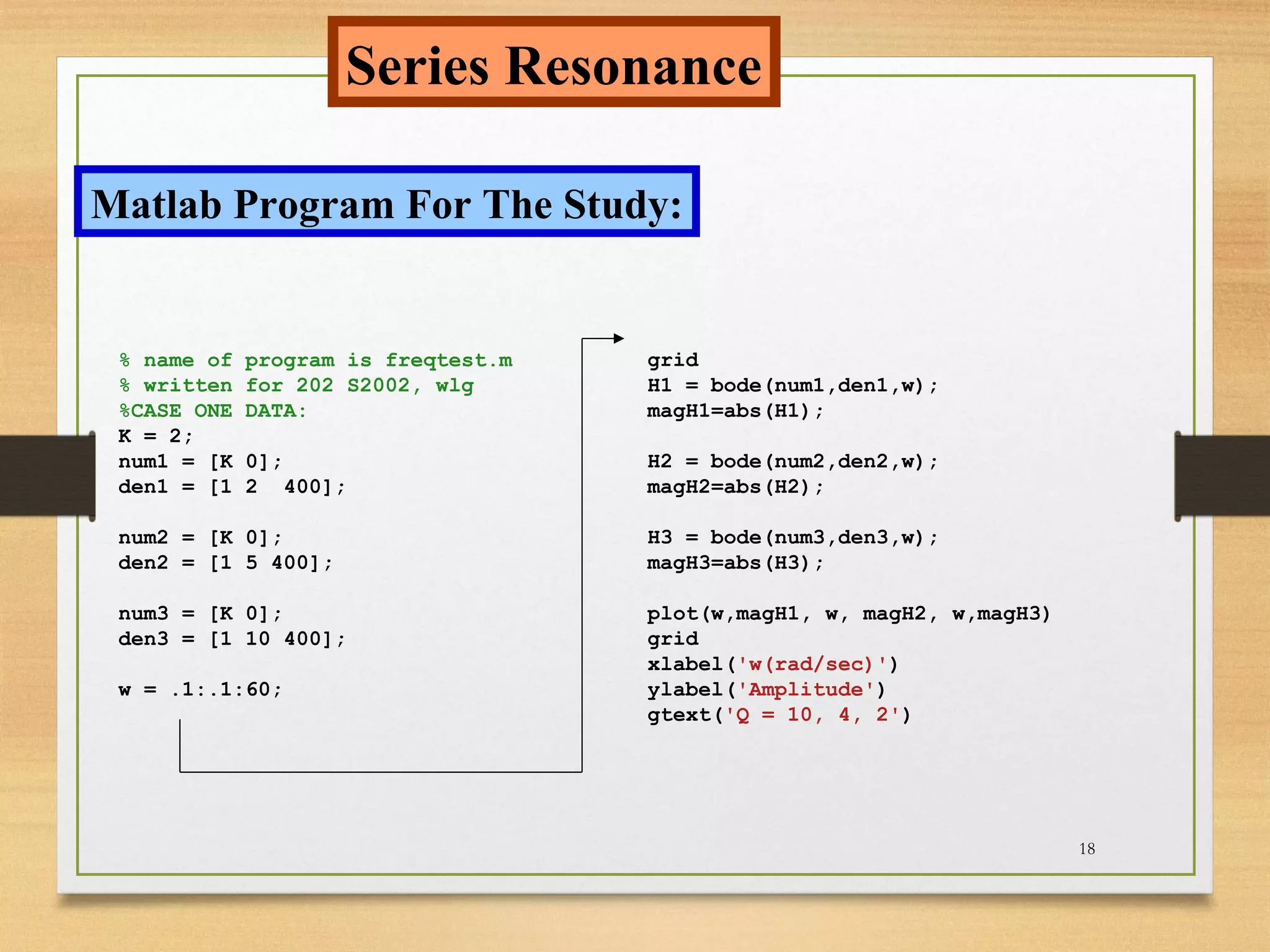 18
Series Resonance
Matlab Program For The Study:
 
 
 
% name of program is freqtest.m
% written for 202 S2002, wlg
%CASE ONE DATA:
K = 2;
num1 = [K 0];
den1 = [1 2 400];
num2 = [K 0];
den2 = [1 5 400];
num3 = [K 0];
den3 = [1 10 400];
w = .1:.1:60;
grid
H1 = bode(num1,den1,w);
magH1=abs(H1);
H2 = bode(num2,den2,w);
magH2=abs(H2);
H3 = bode(num3,den3,w);
magH3=abs(H3);
plot(w,magH1, w, magH2, w,magH3)
grid
xlabel('w(rad/sec)')
ylabel('Amplitude')
gtext('Q = 10, 4, 2')
 
 