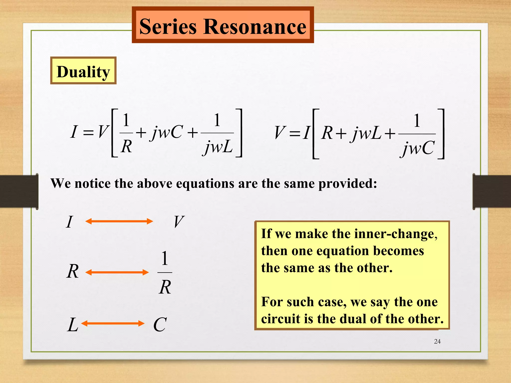 24






++=
jwL
jwC
R
VI
11






++=
jwC
jwLRIV
1
We notice the above equations are the same provided:
VI
R
R
1
CL
If we make the inner-change,
then one equation becomes
the same as the other.
For such case, we say the one
circuit is the dual of the other.
Series Resonance
Duality
If we make the inner-change,
then one equation becomes
the same as the other.
For such case, we say the one
circuit is the dual of the other.
 