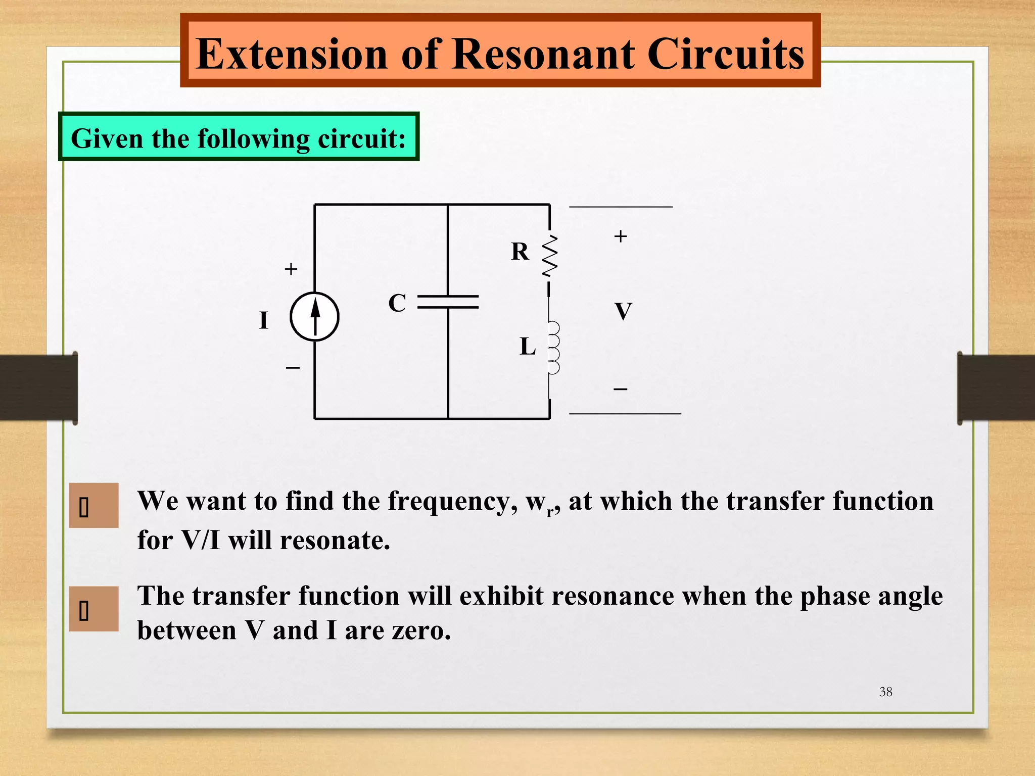 38
Extension of Resonant Circuits
Given the following circuit:
I
+
_
+
_
VC
R
L


We want to find the frequency, wr, at which the transfer function
for V/I will resonate.
The transfer function will exhibit resonance when the phase angle
between V and I are zero.
 