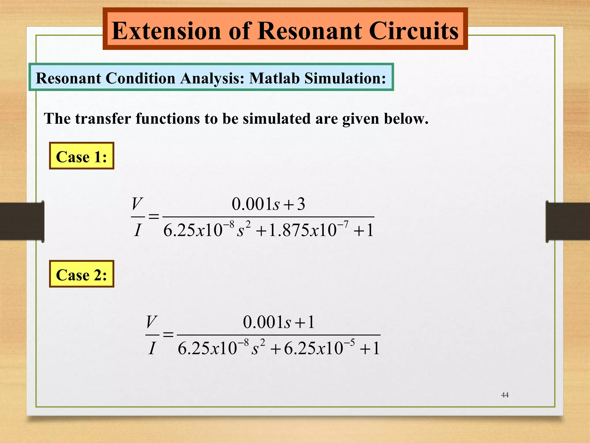 44
Extension of Resonant Circuits
Resonant Condition Analysis: Matlab Simulation:
The transfer functions to be simulated are given below.
8 2 7
0.001 3
6.25 10 1.875 10 1
V s
I x s x− −
+
=
+ +
Case 1:
Case 2:
8 2 5
0.001 1
6.25 10 6.25 10 1
V s
I x s x− −
+
=
+ +
 