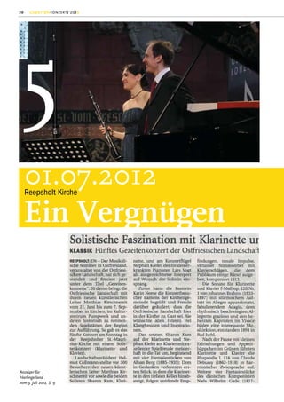 20    GEZEITENKONZERTE 2012




5
     01.07.2012
     Reepsholt Kirche


     Ein Vergnügen



Anzeiger für
Harlingerland
vom 3. Juli 2012, S. 9
 