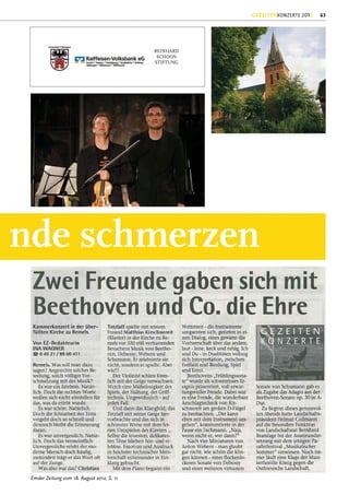 GEZEITENKONZERTE 2012   63




                                            REINHARD
                                             SCHOON
                                            STIFTUNG




nde schmerzen




 Emder Zeitung vom 18. August 2012, S. 11
 