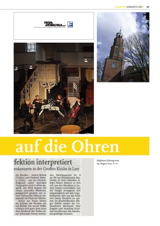 GEZEITENKONZERTE 2012   67




auf die Ohren
          Ostfriesen-Zeitung vom
          29. August 2012, S. 12
 