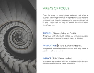 AREASOFFOCUS
TRENDS Discover.Influence.Predict.
The gradual shift in the social, political and business landscapes
which have adirect positive or negative impact on business.
INNOVATION Create.Evaluate.Integrate.
The practical application of ideal solutions that bring about a
positive benefit to consumers.
IMPACT Build.Connect.Adapt.
The tangible and intangible effects of business activities upon the
people and placeswithin itssphere of influence.
Over the years, our observations confirmed that when a
business is looking to improve or expand their use of modern
technology, the following three areas of focus become key to
staying competitive. We help our clients advance in these
three key areas.
 