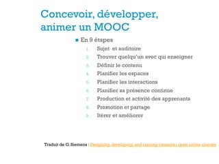 Concevoir, développer,
animer un MOOC
n  En 9 étapes
1.  Sujet et auditoire
2.  Trouver quelqu’un avec qui enseigner
3.  Définir le contenu
4.  Planifier les espaces
5.  Planifier les interactions
6.  Planifier sa présence continue
7.  Production et activité des apprenants
8.  Promotion et partage
9.  Itérer et améliorer
11
Traduit de G. Siemens : Designing,developing,and running (massive) open online courses
 