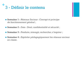 +
3 - Définir le contenu
n  Semaine 1 : Réseaux Sociaux : Concept et principe
de fonctionnement général ;
n  Semaine 2 : Data : Droit,confidentialité et sécurité ;
n  Semaine 3 : Produire,interagir,rechercher,s’inspirer ;
n  Semaine 4 : Exploiter pédagogiquement les réseaux sociaux
en classe.
 