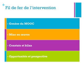 +
Fil de fer de l’intervention
- Genèse du MOOC
- Mise en œuvre
- Constats et bilan
- Opportunités et prospective
 