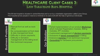 This 80 bed hospital is situated in central Mumbai and is run by a charitable organization called Lions Group.
              This hospital serves people in need at a minimal or no cost at all with the help of generous individuals.




                   • Manual front as well as back                              • Partial implementation of our product Medwings
Business Problem




                     office                                                      which included Registration modules, Billing
                   • No computerization at front desk




                                                                Our Solution
                                                                                 modules, IPF modules.
                     & data management level.                                  • Customized management of doctors payments
                   • Difficulty in doctor payments                             • Inclusions of donor management in billing
                   • Difficulty in Donation                                    • Extensive training of non technical manpower
                     management at the billing level                           • Consulting for hardware procurement
                   • Non technical manpower




                                                                                                          Copyright resorcetek systems pvt ltd
 