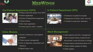Out Patient Department (OPD)                           In Patient Department (IPD)
                 Patient enters the system from OPD
                 Patient registration                                  Admission of patient to hospital
                 Doctors & Department assignment                       Assignment of doctor, ward, room etc
                 Patient History                                       Transfer to ward post admission
                 New Case registration
                 Contact point for other modules


Clinic Module                                          Ward Management
                Doctor’s interface to view patients                   Daily patients work flow management
                assigned                                              View of patient history, treatment and
                Patient queue management                             diet advised, nurse and doctor in-charge.
                Entry of diagnosis, prescription and                  Patient status maintenance when in OT
                reference                                             Patient details updates for billing
                Patient history view                                  Death registry
 