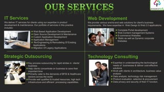 IT Services                                                                    Web Development
We deliver IT services for clients using our expertise in product              We provide various end-to-end web solutions for client's business
development & maintenance. Our portfolio of services in this practice          requirements. We have expertise in Web Design & Web 2.0 applications.
includes:
                                                                                                          Complete Portal development
                            Web Based Application Development
                                                                                                          Web Content management Systems
                            Open Source Development & Maintenance
                                                                                                          E-commerce Websites
                            Custom Application Development
                                                                                                          Static as well as Dynamic corporate
                            Application Management
                                                                                                          Websites
                            Re-Engineering & Remodeling Of Existing
                            Applications
                            Migration Of Legacy Applications



Strategic Outsourcing                                                          Technology Consulting
                       Key process outsourcing for rapid strides in clients’                          Expertise in understanding the technological
                       business                                                                       needs of businesses & deliver cost-effective
                       Help clients concentrate on business to save their                             solutions
                       important time                                                                 Work with clients in architecture, business value
                       Primarily cater to the demands of BFSI & Healthcare                            analysis
                       sectors across the world                                                       Data analysis, technology risk management
                       Provide well qualified & trusted resources, high tech                          Product evaluation, selection & procurement
                       infrastructure and efficient processing capabilities.                          Data privacy and security of their IT function.
 
