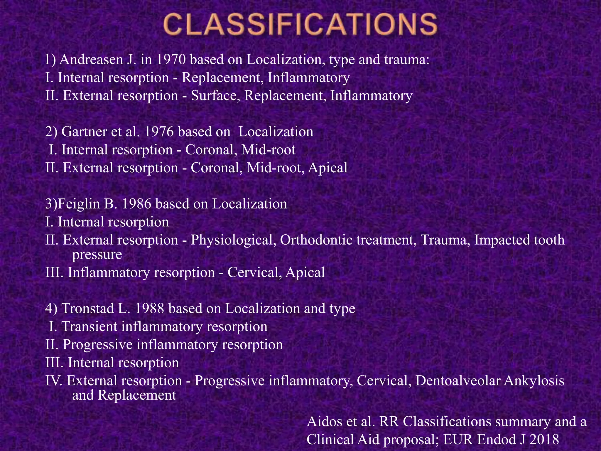 1) Andreasen J. in 1970 based on Localization, type and trauma:
I. Internal resorption - Replacement, Inflammatory
II. External resorption - Surface, Replacement, Inflammatory
2) Gartner et al. 1976 based on Localization
I. Internal resorption - Coronal, Mid-root
II. External resorption - Coronal, Mid-root, Apical
3)Feiglin B. 1986 based on Localization
I. Internal resorption
II. External resorption - Physiological, Orthodontic treatment, Trauma, Impacted tooth
pressure
III. Inflammatory resorption - Cervical, Apical
4) Tronstad L. 1988 based on Localization and type
I. Transient inflammatory resorption
II. Progressive inflammatory resorption
III. Internal resorption
IV. External resorption - Progressive inflammatory, Cervical, Dentoalveolar Ankylosis
and Replacement
Aidos et al. RR Classifications summary and a
Clinical Aid proposal; EUR Endod J 2018
 