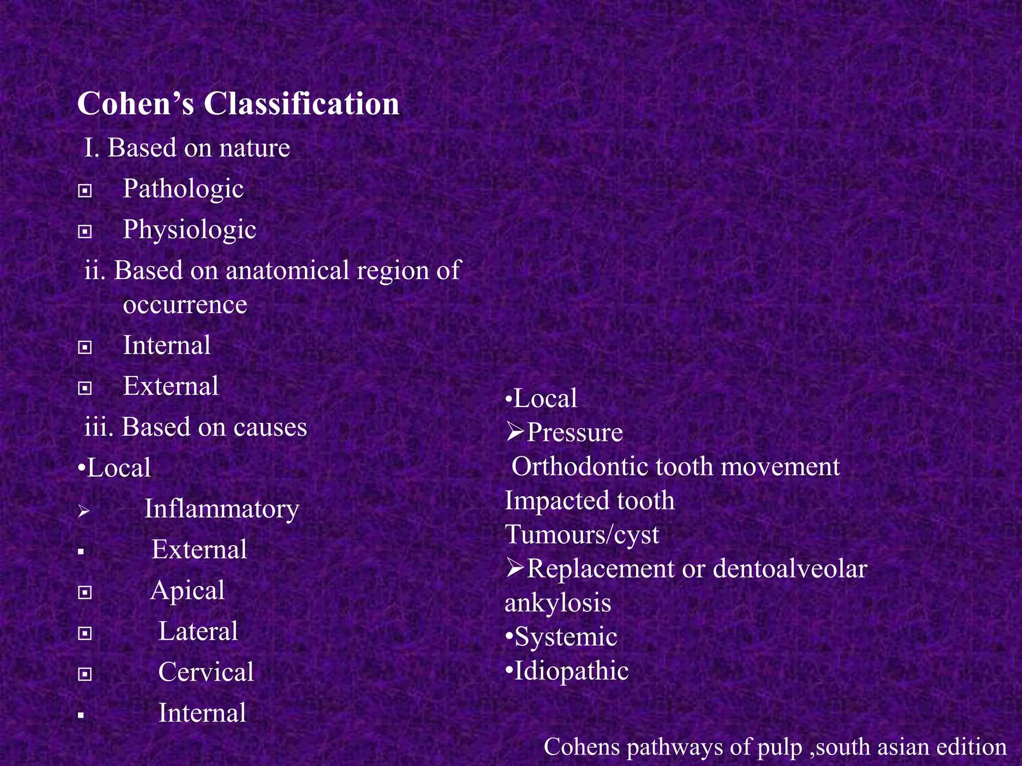 Cohen’s Classification
I. Based on nature
 Pathologic
 Physiologic
ii. Based on anatomical region of
occurrence
 Internal
 External
iii. Based on causes
•Local
 Inflammatory
 External
 Apical
 Lateral
 Cervical
 Internal
•Local
Pressure
Orthodontic tooth movement
Impacted tooth
Tumours/cyst
Replacement or dentoalveolar
ankylosis
•Systemic
•Idiopathic
Cohens pathways of pulp ,south asian edition
 