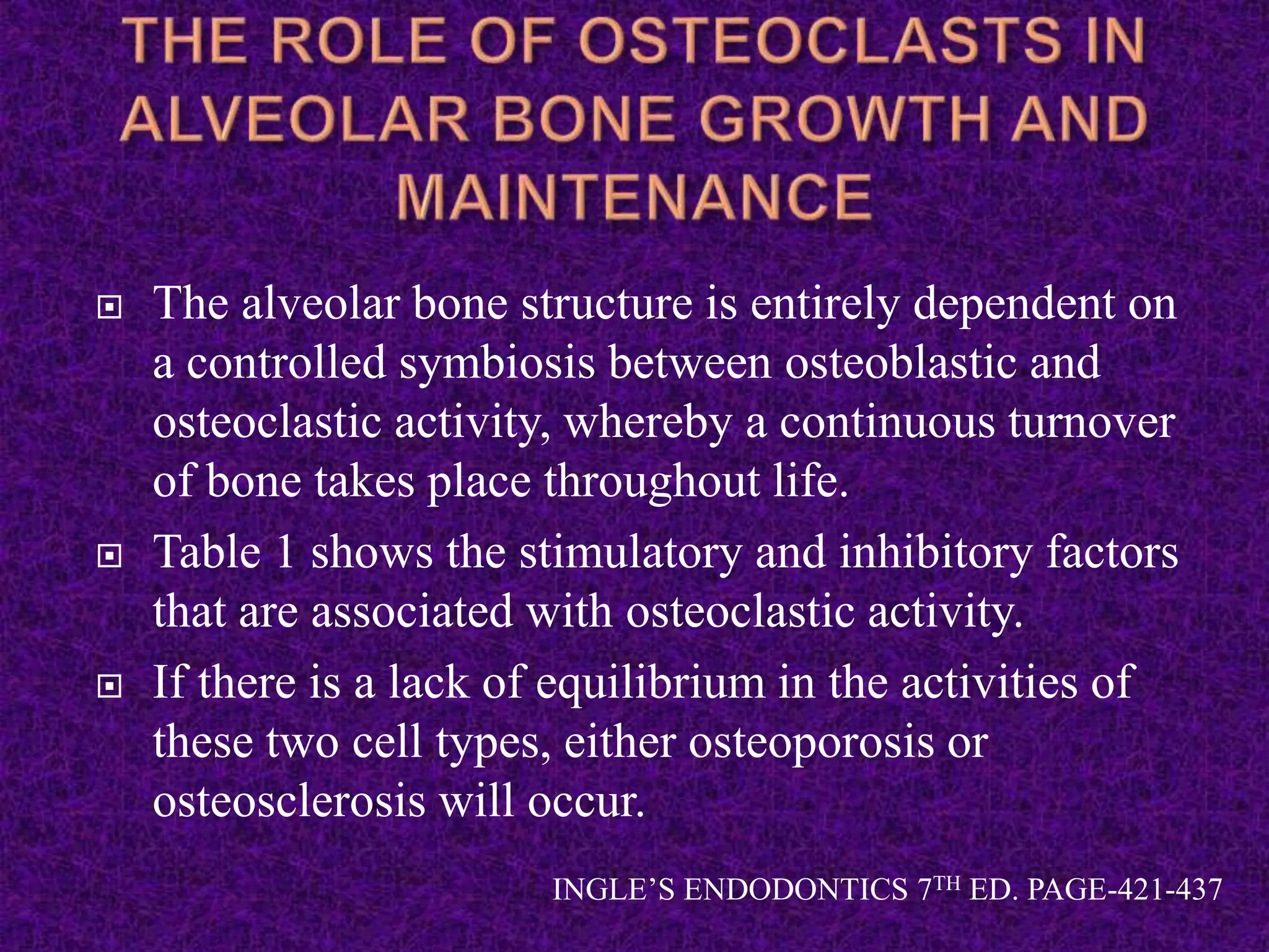  The alveolar bone structure is entirely dependent on
a controlled symbiosis between osteoblastic and
osteoclastic activity, whereby a continuous turnover
of bone takes place throughout life.
 Table 1 shows the stimulatory and inhibitory factors
that are associated with osteoclastic activity.
 If there is a lack of equilibrium in the activities of
these two cell types, either osteoporosis or
osteosclerosis will occur.
INGLE’S ENDODONTICS 7TH ED. PAGE-421-437
 