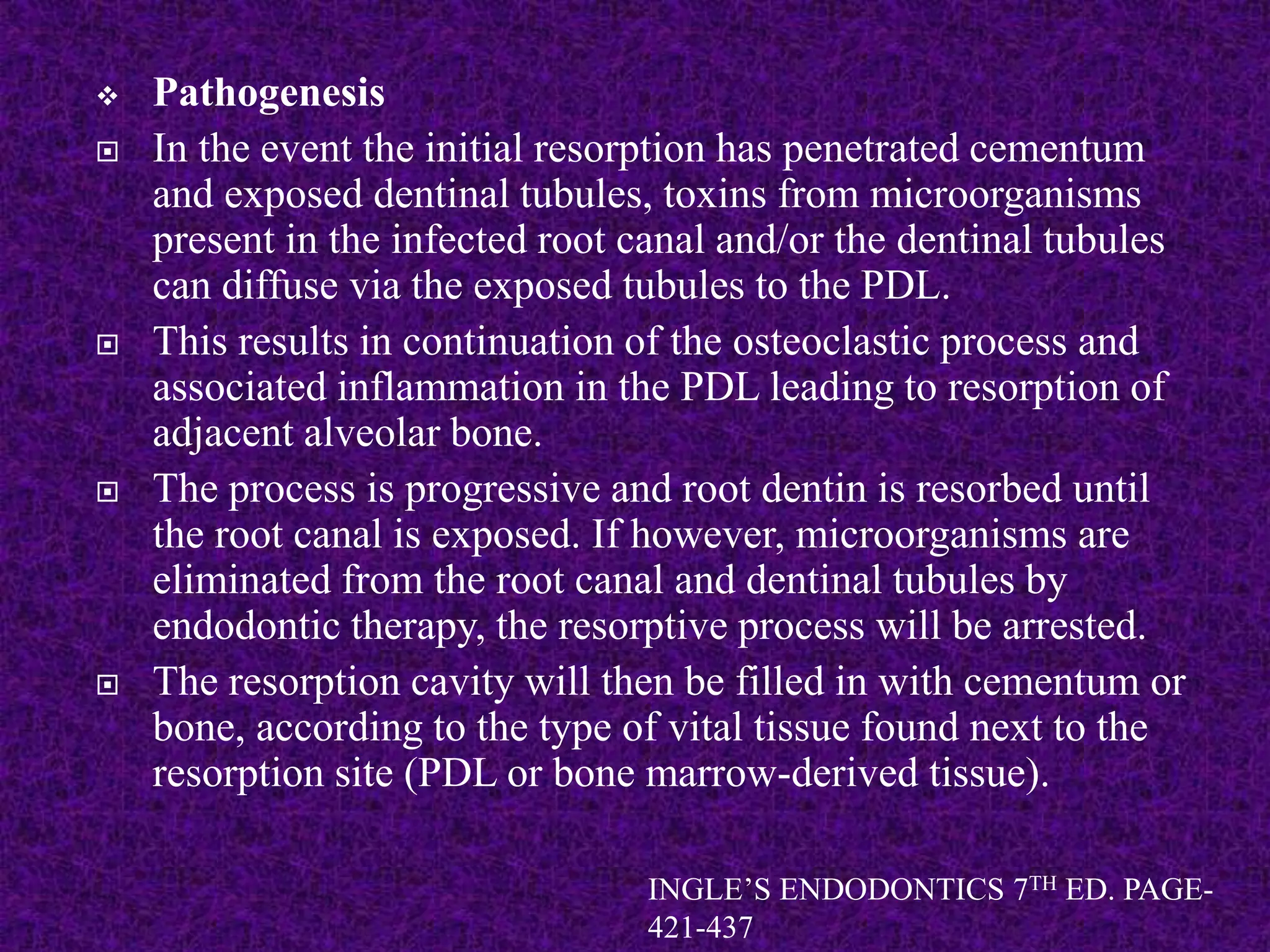  Pathogenesis
 In the event the initial resorption has penetrated cementum
and exposed dentinal tubules, toxins from microorganisms
present in the infected root canal and/or the dentinal tubules
can diffuse via the exposed tubules to the PDL.
 This results in continuation of the osteoclastic process and
associated inflammation in the PDL leading to resorption of
adjacent alveolar bone.
 The process is progressive and root dentin is resorbed until
the root canal is exposed. If however, microorganisms are
eliminated from the root canal and dentinal tubules by
endodontic therapy, the resorptive process will be arrested.
 The resorption cavity will then be filled in with cementum or
bone, according to the type of vital tissue found next to the
resorption site (PDL or bone marrow-derived tissue).
INGLE’S ENDODONTICS 7TH ED. PAGE-
421-437
 