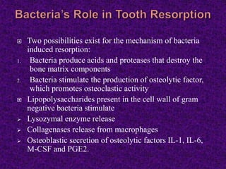  Two possibilities exist for the mechanism of bacteria
induced resorption:
1. Bacteria produce acids and proteases that destroy the
bone matrix components
2. Bacteria stimulate the production of osteolytic factor,
which promotes osteoclastic activity
 Lipopolysaccharides present in the cell wall of gram
negative bacteria stimulate
 Lysozymal enzyme release
 Collagenases release from macrophages
 Osteoblastic secretion of osteolytic factors IL-1, IL-6,
M-CSF and PGE2.
 