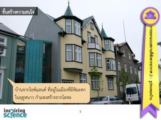 ขั้นสร้างความสนใจ

5

การออกแบบสถานทีพกตากอากาศ 2 : รูปทรงของบ้าน
่ ั

บ้านจากไอซ์แลนด์ ที่อยู่ในเมืองทีมีหมะตก
่ ิ
ในฤดูหนาว กาแพงสร้างจากโลหะ

 