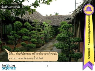ขั้นสร้างความสนใจ

8

การออกแบบสถานทีพกตากอากาศ 2 : รูปทรงของบ้าน
่ ั

นี้คือ... บ้านที่เวียดนาม หลังคาทามาจากกิ่งปาล์ม
ทาในแนวลาดเพื่อระบายน้าฝนได้ดี

 