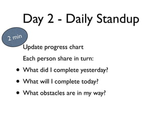 Day 2 - Daily Standup
2 min
        Update progress chart
        Each person share in turn:
  • What did I complete yesterday?
  • What will I complete today?
  • What obstacles are in my way?
 