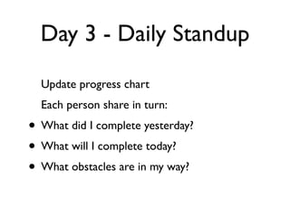 Day 3 - Daily Standup
  Update progress chart
  Each person share in turn:
• What did I complete yesterday?
• What will I complete today?
• What obstacles are in my way?
 
