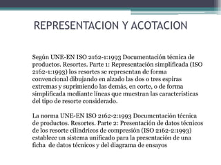 REPRESENTACION Y ACOTACION
Según UNE-EN ISO 2162-1:1993 Documentación técnica de
productos. Resortes. Parte 1: Representación simplificada (ISO
2162-1:1993) los resortes se representan de forma
convencional dibujando en alzado las dos o tres espiras
extremas y suprimiendo las demás, en corte, o de forma
simplificada mediante líneas que muestran las características
del tipo de resorte considerado.
La norma UNE-EN ISO 2162-2:1993 Documentación técnica
de productos. Resortes. Parte 2: Presentación de datos técnicos
de los resorte cilíndricos de compresión (ISO 2162-2:1993)
establece un sistema unificado para la presentación de una
ficha de datos técnicos y del diagrama de ensayos
 
