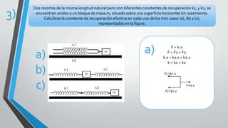 Dos resortes de la misma longitud natural pero con diferentes constantes de recuperación k1, y k2, se
encuentran unidos a un bloque de masa m, situado sobre una superficie horizontal sin rozamiento.
Calcúlese la constante de recuperación efectiva en cada uno de los tres casos (a), (b) y (c),
representados en la figura.
a)
b)
c)
F = k.x
F = F1 + F2
k.x = k1.x + k2.x
k = k1 + k2
a)
3)
 