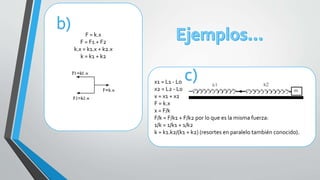 F = k.x
F = F1 + F2
k.x = k1.x + k2.x
k = k1 + k2
b)
x1 = L1 - L0
x2 = L2 - L0
x = x1 + x2
F = k.x
x = F/k
F/k = F/k1 + F/k2 por lo que es la misma fuerza:
1/k = 1/k1 + 1/k2
k = k1.k2/(k1 + k2) (resortes en paralelo también conocido).
c)
 
