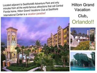 Located adjacent to SeaWorld® Adventure Park and only
minutes from all the world-famous attractions that call Central
Florida home, Hilton Grand Vacations Club at SeaWorld
International Center is a vacation paradise!
Hilton Grand
Vacation
Club,
Orlando!!
 