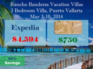 Rancho Banderas Vacation Villas
3 Bedroom Villa, Puerto Vallarta
May 3-10, 2014
Expedia
$4,594
Our
Price:
$750
84%
Savings
 