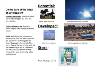 On the Basis of the Status of Development Potential: Strong winds in Gujarat  Abundant Sunshine in Rajasthan  Developed: Wind Farms in Gujarat  Solar energy Plants in Rajasthan Stock : Model of Hydrogen Fuel Cell  Potential Resources : Resources which are found in a region, but have not been utilised.  Developed Resources : Resources which are presently utilised after their survey.  Stock : Materials in the environment which can be used but we do not have the appropriate technology to use these.  Reserves  are the subset of the stock. They can be put into use with the help of existing technical ‘know-how’ but their use has not been started. These can be used for meeting future requirements.  