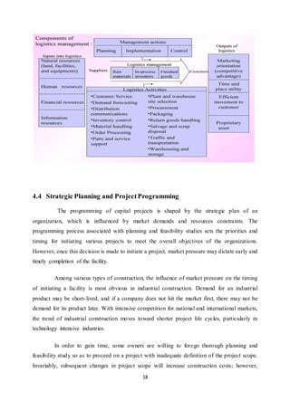 18
4.4 Strategic Planning and ProjectProgramming
The programming of capital projects is shaped by the strategic plan of an
organization, which is influenced by market demands and resources constraints. The
programming process associated with planning and feasibility studies sets the priorities and
timing for initiating various projects to meet the overall objectives of the organizations.
However, once this decision is made to initiate a project, market pressure may dictate early and
timely completion of the facility.
Among various types of construction, the influence of market pressure on the timing
of initiating a facility is most obvious in industrial construction. Demand for an industrial
product may be short-lived, and if a company does not hit the market first, there may not be
demand for its product later. With intensive competition for national and international markets,
the trend of industrial construction moves toward shorter project life cycles, particularly in
technology intensive industries.
In order to gain time, some owners are willing to forego thorough planning and
feasibility study so as to proceed on a project with inadequate definition of the project scope.
Invariably, subsequent changes in project scope will increase construction costs; however,
 