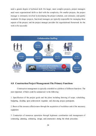 26
need a greater degree of technical skill. On larger, more complex projects, project managers
need more organizational skills to deal with the complexity. On smaller projects, the project
manager is intimately involved in developing the project schedule, cost estimates, and quality
standards. On larger projects, functional managers are typically responsible for managing these
aspects of the project, and the project manager provides the organizational framework for the
work to be successful.
4.8 Construction ProjectManagement:The Primary Functions
Construction management is typically extended to a plethora of different functions. The
most important of them could be summarized to the following:
1. Specification of the project goals and the plans including drawing of scope, scheduling,
budgeting, deciding upon achievement requisites and choosing project participants.
2. Boost of the resource effectiveness through the acquisition of workforce and of the necessary
equipment.
3. Conduction of numerous operations through legitimate coordination and management of
contracting, planning, estimating, design, and construction during the whole procedure.
 