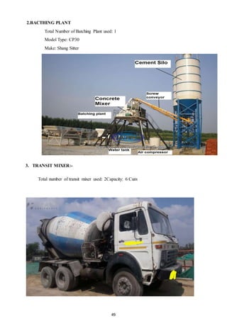 49
2.BACTHING PLANT
Total Number of Batching Plant used: 1
Model Type: CP30
Make: Shang Sitter
3. TRANSIT MIXER:-
Total number of transit mixer used: 2Capacity: 6 Cum
 