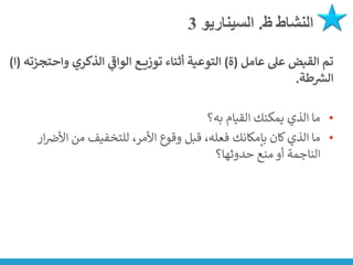 ‫ظ‬ ‫النشاط‬
.
‫السيناريو‬
3
‫عامل‬ ‫عىل‬ ‫القبض‬ ‫تم‬
(
‫ة‬
)
‫واح‬ ‫الذكري‬ ‫ي‬
‫الواف‬ ‫ع‬ ‫توزي‬ ‫أثناء‬ ‫التوعية‬
‫تجزته‬
(
‫ا‬
)
‫طة‬ ‫ر‬
‫الش‬
.
•
‫به؟‬ ‫القيام‬ ‫يمكنك‬ ‫الذي‬ ‫ما‬
•
‫ن‬
‫األض‬ ‫من‬ ‫للتخفيف‬ ،‫األمر‬ ‫وقوع‬ ‫قبل‬ ،‫فعله‬ ‫بإمكانك‬ ‫كان‬‫الذي‬ ‫ما‬
‫ار‬
‫حدوثها؟‬ ‫منع‬ ‫أو‬ ‫الناجمة‬
 