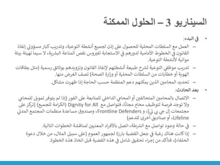 ‫السيناريو‬
3
–
‫الممكنة‬ ‫الحلول‬
•
‫البدء‬ ‫ي‬
‫ف‬
:
–
‫مس‬ ‫كبار‬‫وتدريب‬ ،‫التوعية‬ ‫أنشطة‬ ‫لجميع‬ ‫إذن‬ ‫عىل‬ ‫للحصول‬ ‫المحلية‬ ‫السلطات‬ ‫مع‬ ‫العمل‬
‫إنفاذ‬ ‫ي‬
‫ؤوىل‬
‫س‬ ‫ال‬ ،‫ية‬ ‫ر‬
‫البش‬ ‫المناعة‬ ‫نقص‬ ‫وس‬‫لفت‬ ‫االستجابة‬ ‫ي‬
‫ن‬
‫ف‬ ‫لدورهم‬ ‫األمامية‬ ‫الخطوط‬ ‫ي‬
‫ن‬
‫ف‬ ‫القانون‬
‫بيئة‬ ‫تهيئة‬ ‫يما‬
‫التوعية‬ ‫ألنشطة‬ ‫مواتية‬
.
–
‫رس‬ ‫بوثائق‬ ‫وتزويدهم‬ ‫القانون‬ ‫إلنفاذ‬ ‫أنشطتهم‬ ‫طبيعة‬ ‫ح‬ ‫ر‬
‫لش‬ ‫التوعية‬ ‫ي‬
‫ن‬
‫موظف‬ ‫تدريب‬
‫مية‬
(
‫بطاقات‬ ‫مثل‬
‫الصحة‬ ‫ارة‬‫ز‬‫و‬ ‫أو‬ ‫المحلية‬ ‫السلطات‬ ‫من‬ ‫خطابات‬ ‫أو‬ ‫الهوية‬
)
‫منها‬ ‫الغرض‬ ‫تصف‬
.
–
‫مشاكل‬ ‫ظهرت‬ ‫إذا‬ ‫الحاجة‬ ‫حسب‬ ‫المنظمة‬ ‫دعم‬ ‫يمكنهم‬ ‫الذين‬ ‫ن‬
‫المحامي‬ ‫تحديد‬
.
•
‫الحادث‬ ‫بعد‬
:
–
‫الفور‬ ‫عىل‬ ‫للمتابعة‬ ‫ي‬
‫الداخىل‬ ‫ي‬
‫المحام‬ ‫أو‬ ‫ن‬
‫المتحالفي‬ ‫ن‬
‫بالمحامي‬ ‫االتصال‬
(
‫يتوفر‬ ‫لم‬ ‫إذا‬
‫ي‬
‫للمحام‬ ‫تمويل‬
‫مع‬ ‫فتواصل‬ ،‫ا‬
ً
‫مجان‬ ٍ
‫محام‬ ‫لتوظيف‬ ‫فرصة‬ ‫توجد‬ ‫وال‬
Dignity for All
(
‫للجميع‬ ‫امة‬‫ر‬‫الك‬
[ )
‫عىل‬‫كز‬
‫تر‬
‫ي‬
‫ر‬
‫ن‬ ‫ي‬
‫ن‬ ‫ي‬
‫ج‬ ‫إل‬ ‫مجتمعات‬
]
‫و‬ ،
Frontline Defenders
‫ي‬
‫ن‬
‫المدن‬ ‫المجتمع‬ ‫منظمات‬ ‫مساعدة‬ ‫وصندوق‬ ،
Lifeline
‫للدعم‬ ‫أخرى‬ ‫صناديق‬ ‫أو‬ ،
)
–
‫التالية‬ ‫الخطوات‬ ‫لمناقشة‬ ‫ن‬
‫المعنيي‬ ‫اد‬‫ر‬‫باألف‬ ‫اتصل‬ ،‫طة‬ ‫ر‬
‫الش‬ ‫مع‬ ‫تواصل‬ ‫وجود‬ ‫حالة‬ ‫ي‬
‫ن‬
‫ف‬
.
–
‫العموم‬‫لجمهور‬ ‫بارزة‬ ‫القضية‬ ‫جعل‬ ‫ي‬
‫ن‬
‫ف‬ ‫رغبة‬ ‫هناك‬ ‫كانت‬‫إذا‬
(
‫د‬ ‫خالل‬ ‫من‬ ،‫المثال‬ ‫سبيل‬ ‫عىل‬
‫عوة‬
‫الحلفاء‬
)
‫الخطوة‬ ‫هذه‬ ‫اتخاذ‬ ‫قبل‬ ‫القضية‬ ‫هذه‬ ‫ي‬
‫ن‬
‫ف‬ ‫شامل‬ ‫تحقيق‬ ‫اء‬‫ر‬‫إج‬ ‫من‬ ‫فتأكد‬ ،
.
 