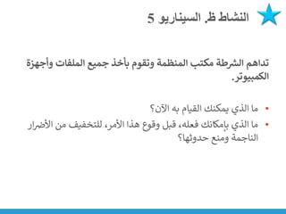 ‫ظ‬ ‫النشاط‬
.
‫السيناريو‬
5
‫وأج‬ ‫الملفات‬ ‫جميع‬ ‫بأخذ‬ ‫وتقوم‬ ‫المنظمة‬ ‫مكتب‬ ‫طة‬ ‫ر‬
‫الش‬ ‫تداهم‬
‫هزة‬
‫الكمبيوتر‬
.
•
‫اآلن؟‬ ‫به‬ ‫القيام‬ ‫يمكنك‬ ‫الذي‬ ‫ما‬
•
‫ا‬ ‫من‬ ‫للتخفيف‬ ،‫األمر‬ ‫هذا‬ ‫وقوع‬ ‫قبل‬ ،‫فعله‬ ‫بإمكانك‬ ‫الذي‬ ‫ما‬
‫ار‬ ‫ن‬
‫ألض‬
‫حدوثها؟‬ ‫ومنع‬ ‫الناجمة‬
 