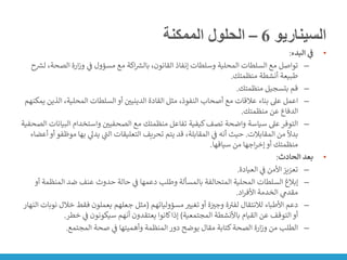 ‫السيناريو‬
6
–
‫الممكنة‬ ‫الحلول‬
•
‫البدء‬ ‫ي‬
‫ف‬
:
–
‫الصح‬ ‫ارة‬‫ز‬‫و‬ ‫ي‬
‫ن‬
‫ف‬ ‫مسؤول‬ ‫مع‬ ‫اكة‬ ‫ر‬
‫بالش‬ ،‫القانون‬ ‫إنفاذ‬ ‫وسلطات‬ ‫المحلية‬ ‫السلطات‬ ‫مع‬ ‫تواصل‬
‫ح‬ ‫ر‬
‫لش‬ ،‫ة‬
‫منظمتك‬ ‫أنشطة‬ ‫طبيعة‬
.
–
‫منظمتك‬ ‫بتسجيل‬ ‫قم‬
.
–
‫الذي‬ ،‫المحلية‬ ‫السلطات‬ ‫أو‬ ‫ن‬
‫الدينيي‬ ‫القادة‬ ‫مثل‬ ،‫النفوذ‬ ‫أصحاب‬ ‫مع‬ ‫عالقات‬ ‫بناء‬ ‫عىل‬ ‫اعمل‬
‫يمكنهم‬ ‫ن‬
‫منظمتك‬ ‫عن‬ ‫الدفاع‬
.
–
‫ال‬ ‫واستخدام‬ ‫ن‬
‫الصحفيي‬ ‫مع‬ ‫منظمتك‬ ‫تفاعل‬ ‫كيفية‬‫تصف‬ ‫واضحة‬ ‫سياسة‬ ‫عىل‬ ‫التوفر‬
‫الصحفية‬ ‫بيانات‬
‫المقابالت‬ ‫من‬
ً
‫بدال‬
.
‫ب‬ ‫ي‬
‫يدىل‬ ‫ي‬
‫ر‬
‫الت‬ ‫التعليقات‬ ‫تحريف‬ ‫يتم‬ ‫قد‬ ،‫المقابلة‬ ‫ي‬
‫ن‬
‫ف‬ ‫أنه‬ ‫حيث‬
‫أعضاء‬ ‫أو‬ ‫موظفو‬ ‫ها‬
‫سياقها‬ ‫من‬ ‫اجها‬‫ر‬‫إخ‬ ‫أو‬ ‫منظمتك‬
.
•
‫الحادث‬ ‫بعد‬
:
–
‫العيادة‬ ‫ي‬
‫ن‬
‫ف‬ ‫األمن‬‫تعزيز‬
.
–
‫المنظ‬ ‫ضد‬ ‫عنف‬ ‫حدوث‬ ‫حالة‬ ‫ي‬
‫ن‬
‫ف‬ ‫دعمها‬ ‫وطلب‬ ‫بالمسألة‬ ‫المتحالفة‬ ‫المحلية‬ ‫السلطات‬ ‫إبالغ‬
‫أو‬ ‫مة‬
‫اد‬‫ر‬‫األف‬ ‫الخدمة‬ ‫ي‬
‫مقدم‬
.
–
‫مسؤولياتهم‬ ‫تغيت‬ ‫أو‬ ‫ة‬‫ن‬
‫وجت‬ ‫ة‬ ‫ر‬
‫لفت‬ ‫لالنتقال‬ ‫األطباء‬ ‫دعم‬
(
‫خ‬ ‫فقط‬ ‫يعملون‬ ‫جعلهم‬ ‫مثل‬
‫النهار‬ ‫نوبات‬ ‫الل‬
‫المجتمعية‬ ‫باألنشطة‬ ‫القيام‬ ‫عن‬ ‫التوقف‬ ‫أو‬
)
‫خطر‬ ‫ي‬
‫ن‬
‫ف‬ ‫سيكونون‬ ‫أنهم‬ ‫يعتقدون‬ ‫كانوا‬‫إذا‬
.
–
‫المجتمع‬ ‫صحة‬ ‫ي‬
‫ن‬
‫ف‬ ‫وأهميتها‬ ‫المنظمة‬ ‫دور‬ ‫يوضح‬ ‫مقال‬ ‫كتابة‬‫الصحة‬ ‫ارة‬‫ز‬‫و‬ ‫من‬ ‫الطلب‬
.
 