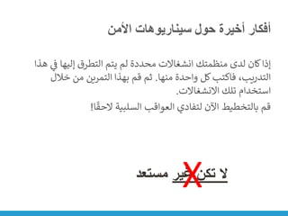 ‫األمن‬ ‫سيناريوهات‬ ‫حول‬ ‫أخيرة‬ ‫أفكار‬
‫ي‬
‫ن‬
‫ف‬ ‫إليها‬ ‫التطرق‬ ‫يتم‬ ‫لم‬ ‫محددة‬ ‫انشغاالت‬ ‫منظمتك‬ ‫لدى‬ ‫كان‬‫إذا‬
‫هذا‬
‫منها‬ ‫واحدة‬ ‫كل‬‫فاكتب‬ ،‫التدريب‬
.
‫خالل‬ ‫من‬ ‫التمرين‬ ‫بهذا‬ ‫قم‬ ‫ثم‬
‫االنشغاالت‬ ‫تلك‬ ‫استخدام‬
.
‫ا‬
ً
‫الحق‬ ‫السلبية‬ ‫العواقب‬ ‫لتفادي‬ ‫اآلن‬ ‫بالتخطيط‬ ‫قم‬
!
‫غير‬ ‫تكن‬ ‫ال‬
‫مستعد‬ X
 