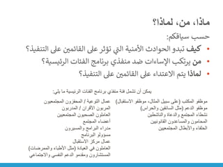 ‫لماذا؟‬ ،‫من‬ ،‫ماذا‬
‫سياقكم‬ ‫حسب‬
:
•
‫كيف‬
‫عىل‬ ‫ن‬
‫القائمي‬ ‫عىل‬ ‫تؤثر‬ ‫ي‬
‫ر‬
‫الت‬ ‫األمنية‬ ‫الحوادث‬ ‫تبدو‬
‫التنفيذ؟‬
•
‫من‬
‫الرئيسية؟‬ ‫الفئات‬ ‫برنامج‬ ‫منفذي‬ ‫ضد‬ ‫اإلساءات‬ ‫يرتكب‬
•
‫لماذا‬
‫التنفيذ؟‬ ‫عىل‬ ‫ن‬
‫القائمي‬ ‫عىل‬ ‫االعتداء‬ ‫يتم‬
‫التوعية‬ ‫عمال‬
/
‫المجتمعيون‬ ‫المحفزون‬
‫األقران‬ ‫المربون‬
/
‫المدربون‬
‫المجتمعيين‬ ‫الصحيون‬ ‫العاملون‬
‫المجتمع‬ ‫أعضاء‬
‫والمسيرون‬ ‫البرامج‬ ‫مدراء‬
‫البرنامج‬ ‫مسؤولو‬
‫االستقبال‬ ‫مركز‬ ‫عمال‬
‫العيادة‬ ‫في‬ ‫العاملون‬
(
‫والممرضات‬ ‫األطباء‬ ‫مثل‬
)
‫واالجتماعي‬ ‫النفسي‬ ‫الدعم‬ ‫ومقدمو‬ ‫المستشارون‬
‫المكتب‬ ‫موظفو‬
(
‫االست‬ ‫موظفو‬ ،‫المثال‬ ‫سبيل‬ ‫على‬
‫قبال‬
)
‫الدعم‬ ‫موظفو‬
(
‫والحراس‬ ‫السائقين‬ ‫مثل‬
)
‫والناشطين‬ ‫والدعاة‬ ‫المجتمع‬ ‫نشطاء‬
‫القانونيين‬ ‫والمساعدون‬ ‫المحامون‬
‫المجتمعيين‬ ‫واألبطال‬ ‫الحلفاء‬
‫ي‬ ‫ما‬ ‫الرئيسية‬ ‫الفئات‬ ‫برنامج‬ ‫منفذي‬ ‫فئة‬ ‫تشمل‬ ‫أن‬ ‫يمكن‬
‫لي‬
:
 