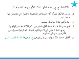 ‫ج‬ ‫النشاط‬
‫ج‬
.
‫لك‬ ‫بالنسبة‬ ‫األولوية‬ ‫ذات‬ ‫المخاطر‬
.1
‫ت‬ ‫ي‬
‫ر‬
‫الت‬ ‫باألمن‬ ‫المتصلة‬ ‫المخاطر‬ ‫أكت‬ ‫بشأن‬ ‫األفكار‬ ‫تبادل‬
‫لها‬ ‫تعرض‬
‫منظمتك‬
.
.2
‫لديك‬‫مخاطر‬ ‫ثالثة‬ ‫أهم‬ ‫حدد‬
.
.3
‫تواج‬‫مخاطر‬ ‫ثالثة‬ ‫أكت‬ ‫من‬ ‫خطر‬ ‫لكل‬ ‫أمنية‬ ‫خطة‬ ‫بصياغة‬ ‫قم‬
‫هك‬
.
.
‫وللحص‬ ‫الحالية‬ ‫اتك‬‫ر‬‫قد‬ ‫لفهم‬ ‫أكملتها‬ ‫ي‬
‫ر‬
‫الت‬ ‫التحقق‬ ‫قائمة‬ ‫اجع‬‫ر‬
‫عىل‬ ‫ول‬
‫به‬ ‫القيام‬ ‫يمكن‬ ‫ما‬ ‫حول‬‫أفكار‬
.
.4
‫إىل‬ ‫وأرسلها‬ ‫األمن‬ ‫خطط‬ ‫أكمل‬
XXXX
‫ي‬
‫ن‬
‫ف‬
XXXX
‫المعلومات‬ ‫لتغذية‬
.
 