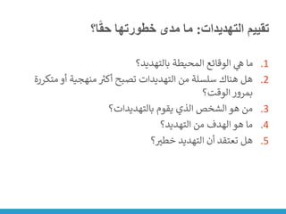 ‫التهديدات‬ ‫تقييم‬
:
‫ا؟‬ً‫ق‬‫ح‬ ‫خطورتها‬ ‫مدى‬ ‫ما‬
.1
‫بالتهديد؟‬ ‫المحيطة‬ ‫الوقائع‬ ‫ي‬
‫ه‬ ‫ما‬
.2
‫مت‬ ‫أو‬ ‫منهجية‬ ‫ر‬
‫أكت‬ ‫تصبح‬ ‫التهديدات‬ ‫من‬ ‫سلسلة‬ ‫هناك‬ ‫هل‬
‫كررة‬
‫الوقت؟‬ ‫بمرور‬
.3
‫بالتهديدات؟‬ ‫يقوم‬ ‫الذي‬ ‫الشخص‬ ‫هو‬ ‫من‬
.4
‫التهديد؟‬ ‫من‬ ‫الهدف‬ ‫هو‬ ‫ما‬
.5
‫؟‬‫خطت‬ ‫التهديد‬ ‫أن‬ ‫تعتقد‬ ‫هل‬
 