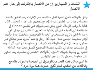 ‫م‬ ‫النشاط‬
.
‫السيناريو‬
3
:
‫إلى‬ ‫باإلنترنت‬ ‫االتصال‬ ‫من‬
‫حال‬
‫عدم‬
‫االتصال‬
‫بمست‬ ‫نت‬ ‫ر‬
‫اإلنت‬ ‫عت‬ ،‫منظمة‬ ‫لدى‬ ‫توعية‬ ‫عامل‬ ،‫باتريك‬ ‫ي‬
‫ر‬
‫يلتف‬
‫خدمة‬ ‫ي‬
‫خدم‬
‫تطبيق‬ ‫عىل‬ ‫جدد‬ ‫ن‬
‫محتملي‬
Grindr
‫التحليل‬ ‫اء‬‫ر‬‫إج‬ ‫عىل‬ ‫ويشجعهم‬ ،
.
‫لكن‬
‫تطبيق‬ ‫عىل‬ ‫باتريك‬ ‫بهم‬ ‫ي‬
‫ر‬
‫يلتف‬ ‫الذين‬ ‫الرجال‬ ‫يرغب‬ ‫ما‬ ‫ا‬ً‫غالب‬
Grindr
‫ي‬
‫ن‬
‫ف‬
‫مرف‬ ‫إىل‬ ‫للذهاب‬ ‫مستعدين‬ ‫يكونوا‬ ‫أن‬ ‫قبل‬ ‫الموقع‬ ‫خارج‬ ‫مقابلته‬
‫ي‬
‫طت‬ ‫ق‬
.
‫ا‬ً‫شخصي‬ ‫ن‬
‫المحتملي‬ ‫الخدمة‬ ‫ي‬
‫بمستخدم‬ ‫باتريك‬ ‫ر‬
‫التف‬ ‫وعندما‬
،‫ات‬‫ر‬‫م‬ ‫عدة‬
‫معه‬ ‫الجنس‬ ‫ممارسة‬ ‫ادوا‬‫ر‬‫أ‬
.
‫غ‬ ‫بشكل‬ ‫ا‬‫ض‬‫م‬ ،‫أندرو‬ ،‫واحد‬ ‫رجل‬ ‫كان‬‫حيث‬
‫ت‬
‫معقول‬
.
‫أ‬ ،‫الجنس‬ ‫ممارسة‬ ‫ي‬
‫ن‬
‫ف‬ ‫يرغب‬ ‫ال‬ ‫إنه‬ ‫باتريك‬ ‫له‬ ‫قال‬ ‫أن‬ ‫وبعد‬
،‫أندرو‬ ‫ر‬
‫ن‬
‫عنه‬ ‫ا‬
ً
‫بحث‬ ‫ي‬
‫ن‬
‫المدن‬ ‫المجتمع‬ ‫منظمة‬ ‫مكتب‬ ‫إىل‬ ،‫عدة‬ ‫مناسبات‬ ‫ي‬
‫ن‬
‫ف‬
‫أنه‬ ‫كما‬،
‫األخرى‬ ‫باتريك‬ ‫وظيفة‬ ‫إىل‬ ‫ذهب‬
(
‫مطعم‬ ‫ي‬
‫ن‬
‫ف‬ ‫االنتظار‬ ‫طاوالت‬
)
‫بع‬ ،
‫العثور‬ ‫د‬
‫نت‬ ‫ر‬
‫اإلنت‬ ‫عت‬ ‫باتريك‬ ‫حول‬ ‫معلومات‬ ‫عىل‬
.
‫والداف‬ ‫والموارد‬ ‫الضحية‬ ‫إىل‬ ‫الوصول‬ ‫من‬ ‫للحد‬ ‫فعله‬ ‫يمكن‬ ‫الذي‬ ‫ما‬
‫ع‬
‫أخرى؟‬ ‫مرة‬ ‫هذا‬ ‫حدوث‬ ‫ار‬‫ر‬‫تك‬ ‫لمنع‬ ‫العقاب‬ ‫من‬ ‫واإلفالت‬
 