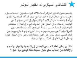 ‫م‬ ‫النشاط‬
.
‫السيناريو‬
4
‫المؤشر‬ ‫اختبار‬ ،
‫ن‬
‫جنسيي‬ ‫كاء‬ ‫ر‬
‫رس‬ ‫ثالثة‬ ‫أسماء‬ ‫ر‬
‫المؤرس‬ ‫اختبار‬ ‫عميل‬ ‫يتقاسم‬
.
‫مار‬ ‫نجحت‬
،‫ي‬
‫رقم‬ ‫المحددين‬ ‫كاء‬ ‫ر‬
‫الش‬ ‫ربط‬ ‫ي‬
‫ن‬
‫ف‬ ،‫الصحية‬ ‫الرعاية‬ ‫مجال‬ ‫ي‬
‫ن‬
‫ف‬ ‫عاملة‬ ‫ي‬
‫وه‬
1
‫ورقم‬
3
‫رقم‬ ‫يك‬ ‫ر‬
‫الش‬ ‫إىل‬ ‫الوصول‬ ‫يمكنها‬ ‫ال‬ ‫ولكن‬ ‫بالخدمات‬
2
‫عت‬
‫الهاتف‬
.
‫رقم‬ ‫يك‬ ‫ر‬
‫الش‬ ‫عىل‬ ‫العثور‬ ‫ماري‬ ‫وتحاول‬
2
‫ل‬‫ن‬ ‫ن‬
‫المت‬ ‫ي‬
‫ن‬
‫ف‬
.
‫تستخدم‬
‫نامج‬‫الت‬ ‫سياسة‬ ‫حسب‬ ‫العامة‬ ‫المواصالت‬
.
‫ماري‬ ‫تخت‬ ‫عندما‬ ‫لكن‬
‫رقم‬ ‫يك‬ ‫ر‬
‫الش‬
2
‫رقم‬ ‫يك‬ ‫ر‬
‫الش‬ ‫يهدد‬ ،‫قدومها‬ ‫سبب‬ ‫عن‬
2
‫من‬ ‫بوعاء‬ ‫ماري‬
‫ي‬
‫المغىل‬ ‫الماء‬
.
‫الفور‬ ‫عىل‬ ‫تغادر‬ ‫ماري‬
.
‫ع‬ ‫انتظار‬ ‫ماري‬ ‫عىل‬ ‫ن‬
‫يتعي‬ ‫بينما‬
‫ودة‬
‫مرعوبة‬ ‫إنها‬ ،‫المكتب‬ ‫إىل‬ ‫العام‬ ‫النقل‬ ‫وسائل‬
.
‫وال‬ ‫والموارد‬ ‫الضحية‬ ‫إىل‬ ‫الوصول‬ ‫من‬ ‫للحد‬ ‫فعله‬ ‫يمكن‬ ‫الذي‬ ‫ما‬
‫دافع‬
‫أخرى؟‬ ‫مرة‬ ‫الوضع‬ ‫هذا‬ ‫حدوث‬ ‫ار‬‫ر‬‫تك‬ ‫لمنع‬ ‫العقاب‬ ‫من‬ ‫واإلفالت‬
 