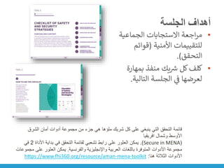 ‫الجلسة‬ ‫أهداف‬
•
‫الجماعية‬ ‫االستجابات‬ ‫اجعة‬‫ر‬‫م‬
‫األمنية‬ ‫للتقييمات‬
(
‫قوائم‬
‫التحقق‬
.)
•
‫بمهارة‬ ‫منفذ‬ ‫يك‬ ‫ر‬
‫رس‬ ‫كل‬‫كلف‬
‫التالية‬ ‫الجلسة‬ ‫ي‬
‫ن‬
‫ف‬ ‫لعرضها‬
.
‫الشرق‬ ‫أمان‬ ‫أدوات‬ ‫مجموعة‬ ‫من‬ ‫جزء‬ ‫هي‬ ‫ملؤها‬ ‫شريك‬ ‫كل‬ ‫على‬ ‫ينبغي‬ ‫التي‬ ‫التحقق‬ ‫قائمة‬
‫افريقيا‬ ‫وشمال‬ ‫األوسط‬
(
Secure in MENA
.)
‫األداة‬ ‫بداية‬ ‫في‬ ‫التحقق‬ ‫لقائمة‬ ‫تشعبي‬ ‫رابط‬ ‫على‬ ‫العثور‬ ‫يمكن‬
2
‫في‬
‫والفرنسية‬ ‫واإلنجليزية‬ ‫العربية‬ ‫باللغات‬ ‫المتوفرة‬ ‫األدوات‬ ‫مجموعة‬
.
‫عل‬ ‫العثور‬ ‫يمكن‬
‫مجموعات‬ ‫ى‬
‫هنا‬ ‫الثالثة‬ ‫األدوات‬
:
https://www.fhi360.org/resource/aman-mena-toolkit
 