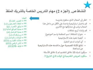 ‫ص‬ ‫النشاط‬
( .
‫الجزء‬
2
)
‫المنفذ‬ ‫بالشريك‬ ‫الخاصة‬ ‫التدريس‬ ‫مهام‬
•
‫بتدريسه‬ ‫ستقوم‬ ‫الذي‬ ‫المجال‬ ‫إىل‬‫انظر‬
•
‫هذا‬ ‫داخل‬ ‫من‬ ‫األقل‬ ‫عىل‬ ‫واحدة‬ ‫اتيجية‬ ‫ر‬
‫است‬‫باختيار‬ ‫قم‬
‫اآلخرين‬ ‫مع‬ ‫كتها‬
‫مشار‬ ‫ي‬
‫ن‬
‫ف‬ ‫ترغب‬ ‫المجال‬
•
‫شفافات‬ ‫ع‬‫أرب‬ ‫بإنشاء‬ ‫قم‬
–
‫الشفافة‬ ‫عنوان‬
:
‫الموضوع‬ ‫واسم‬ ‫المنظمة‬ ‫اسم‬
–
‫اتيجية‬ ‫ر‬
‫االست‬ ‫هذه‬ ‫تنفيذ‬ ‫كيفية‬
–
‫التنفيذ‬ ‫لدعم‬ ‫أدوات‬ ‫أي‬
–
‫ر‬
‫االست‬ ‫هذه‬ ‫قدمته‬ ‫ما‬ ‫حول‬ ‫القصصية‬ ‫األدلة‬ ‫نتائج‬
‫اتيجية‬
‫مساعدة‬ ‫من‬
•
‫لديك‬ ‫سيكون‬
10
‫ثم‬ ‫للتقديم‬ ‫دقائق‬
5
‫لألسئلة‬ ‫دقائق‬
•
‫الوقت‬ ‫ي‬
‫ن‬
‫ف‬ ‫التقديمية‬ ‫العروض‬ ‫ستكون‬
X
‫خ‬ ‫التاري‬ ‫ي‬
‫ن‬
‫ف‬
Y
.
‫المهام‬
:
‫؟؟؟‬
=
‫العام‬ ‫التصور‬
(
‫أ‬
)
‫؟؟؟‬
=
‫الخارجيون‬ ‫الحلفاء‬
(
‫ب‬
)
‫؟؟؟‬
=
‫األضرار‬ ‫توثيق‬
(
‫ج‬
)
‫؟؟؟‬
=
‫المادية‬ ‫المواقع‬ ‫حماية‬
(
‫د‬
)
‫؟؟؟‬
=
‫التواصل‬ ‫حماية‬
(
‫هـ‬
)
‫؟؟؟‬
=
‫بروتوكوالت‬
(
‫و‬
)
‫؟؟؟‬
=
‫والتواصل‬ ‫البيانات‬
(
‫ز‬
)
‫؟؟؟‬
=
‫الطوارئ‬ ‫حاالت‬
(
CC1
)
‫؟؟؟‬
=
‫الرقمي‬ ‫األمن‬
(
CC2
)
‫؟؟؟‬
=
‫كوفيد‬
-
19
(
CC3
)
 