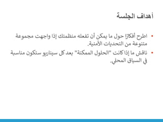 ‫الجلسة‬ ‫أهداف‬
•
‫مجم‬ ‫واجهت‬ ‫إذا‬ ‫منظمتك‬ ‫تفعله‬ ‫أن‬ ‫يمكن‬ ‫ما‬ ‫حول‬ ‫ا‬ً
‫أفكار‬ ‫اطرح‬
‫وعة‬
‫األمنية‬ ‫التحديات‬ ‫من‬ ‫متنوعة‬
.
•
‫كانت‬‫إذا‬ ‫ما‬ ‫ناقش‬
"
‫الممكنة‬ ‫الحلول‬
"
‫ستكون‬ ‫سيناريو‬ ‫كل‬‫بعد‬
‫مناسبة‬
‫ي‬
‫المحىل‬ ‫السياق‬ ‫ي‬
‫ن‬
‫ف‬
.
 