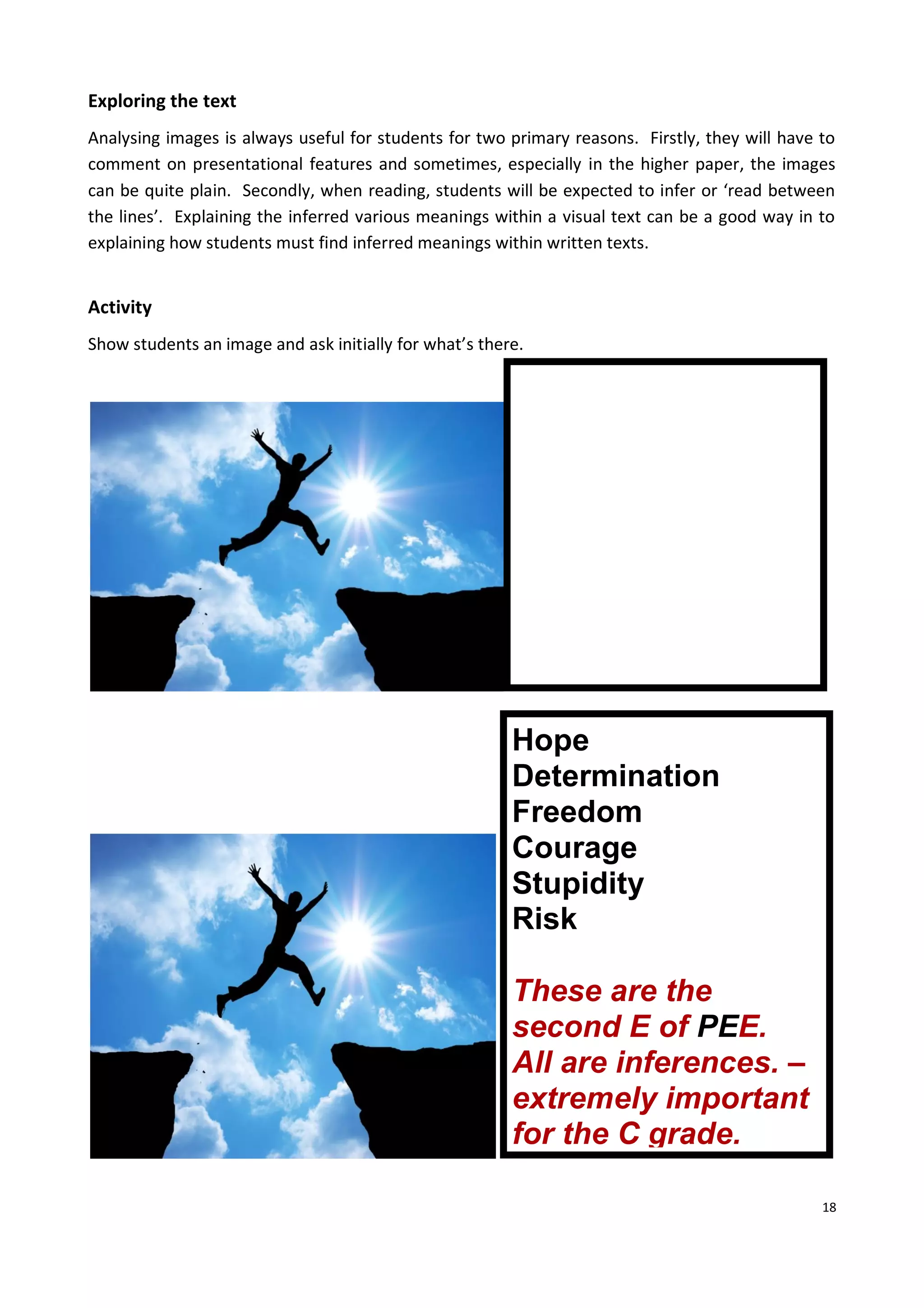 18
Exploring the text
Analysing images is always useful for students for two primary reasons. Firstly, they will have to
comment on presentational features and sometimes, especially in the higher paper, the images
can be quite plain. Secondly, when reading, students will be expected to infer or ‘read between
the lines’. Explaining the inferred various meanings within a visual text can be a good way in to
explaining how students must find inferred meanings within written texts.
Activity
Show students an image and ask initially for what’s there.
Hope
Determination
Freedom
Courage
Stupidity
Risk
These are the
second E of PEE.
All are inferences. –
extremely important
for the C grade.
 